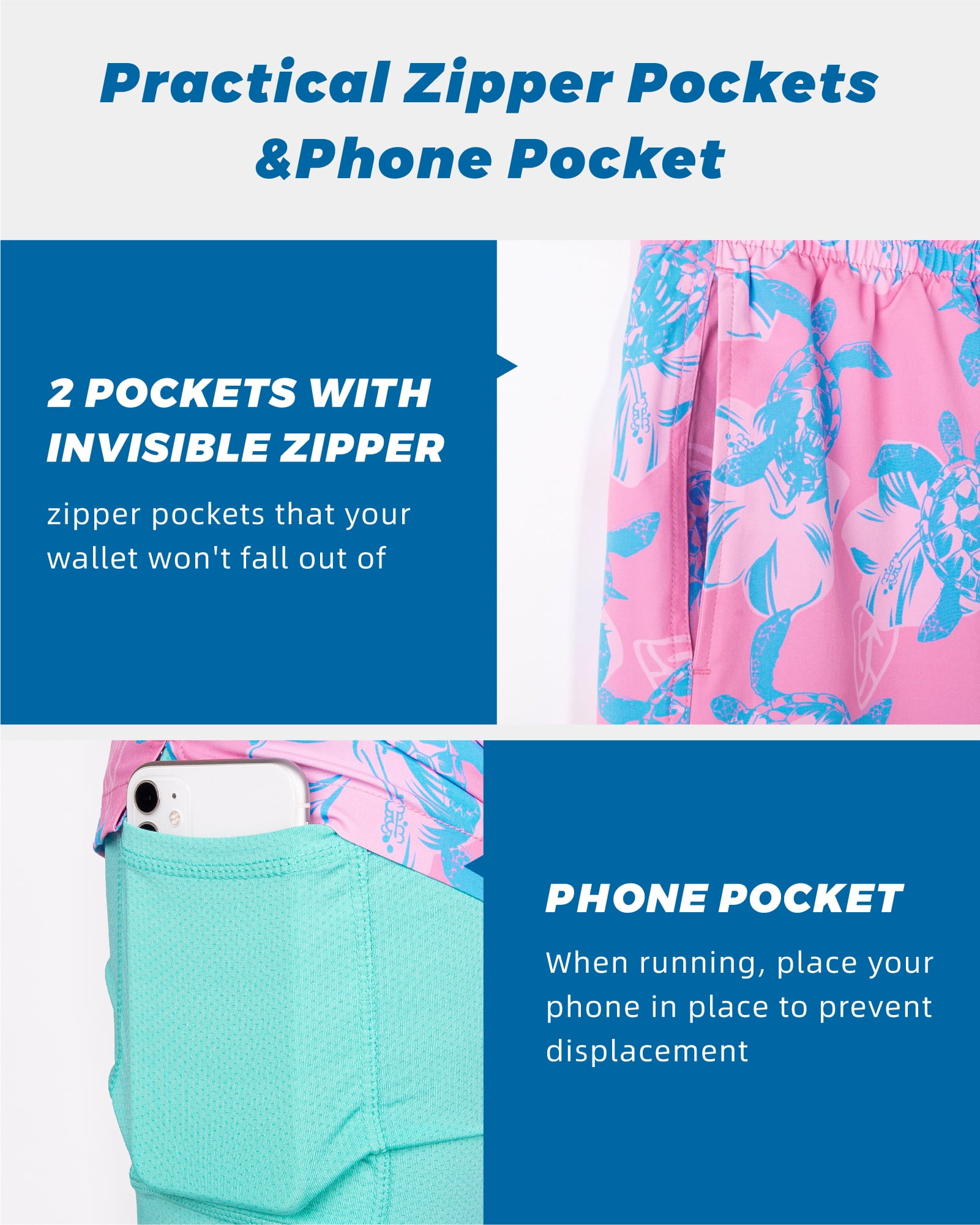 SURF CUZ Mens Swim Trunks with Compression Liner Quick Dry Swim Shorts 7" Swimming Trunks Stretch Bathing Suit Boardshorts Zipper Pockets Pink Blue Turtles Large