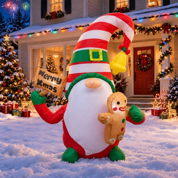 Glazina 6ft Christmas Inflatable Gnome with Gingerbread Man, LED Lights, Christmas Blow Up for Outdoor Decoration