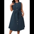 thumbnail image 3 of Vestidos de Verano de Talla Grande - Vestido Informal Sin Mangas con Cuello Redondo y Botones para Mujer Azul Oscuro XL, 3 of 10