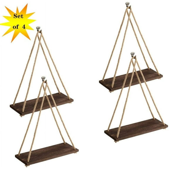 Vintage Hanging Shelves Set of 4 Shelves 15.75" Wood Rope Floating Shelves, Brown by LIANTRAL