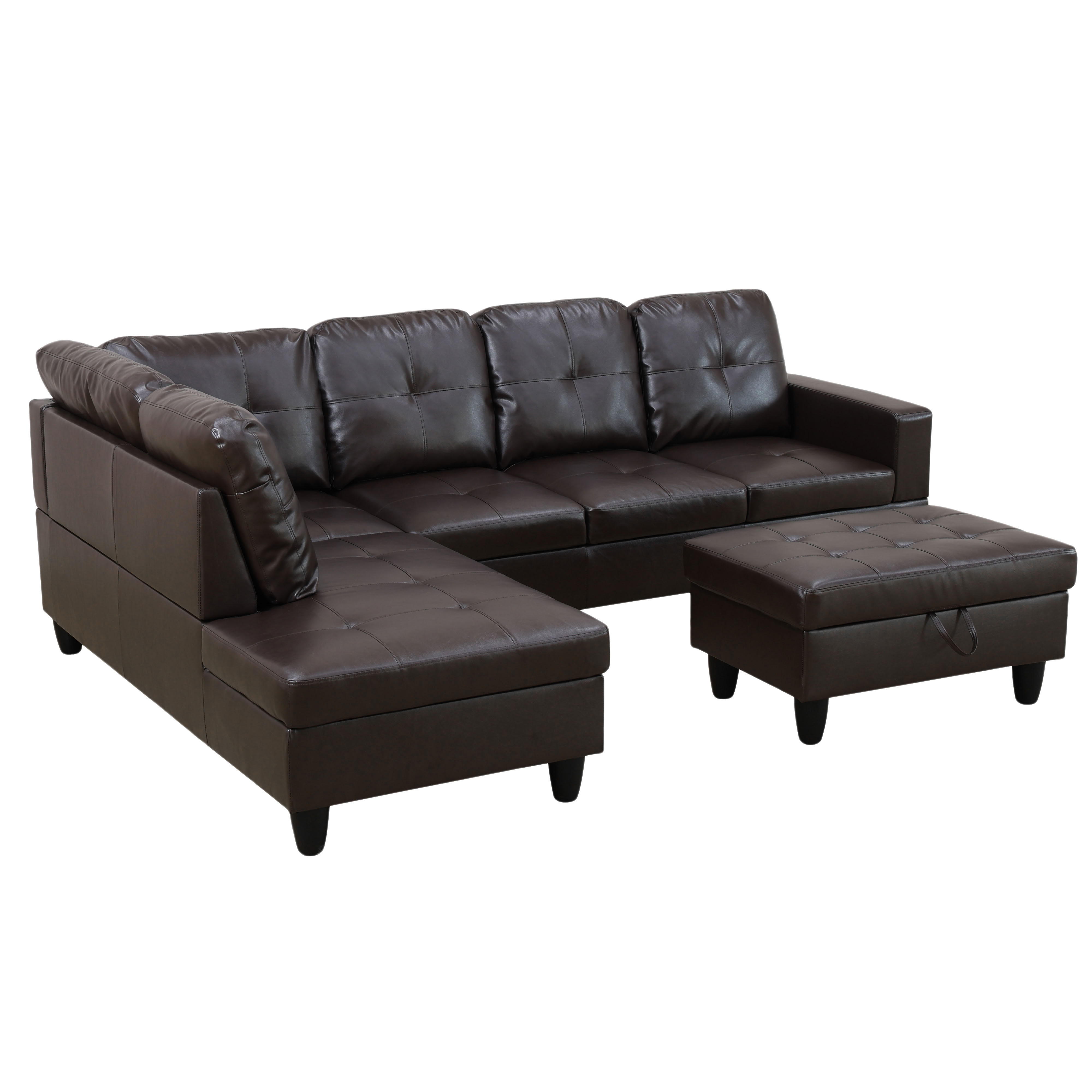 MAYEERTY Reversible L-Shaped Sectional Sofa Set, Breathable Leather Couch with Storage Ottoman & Chaise for Living Room