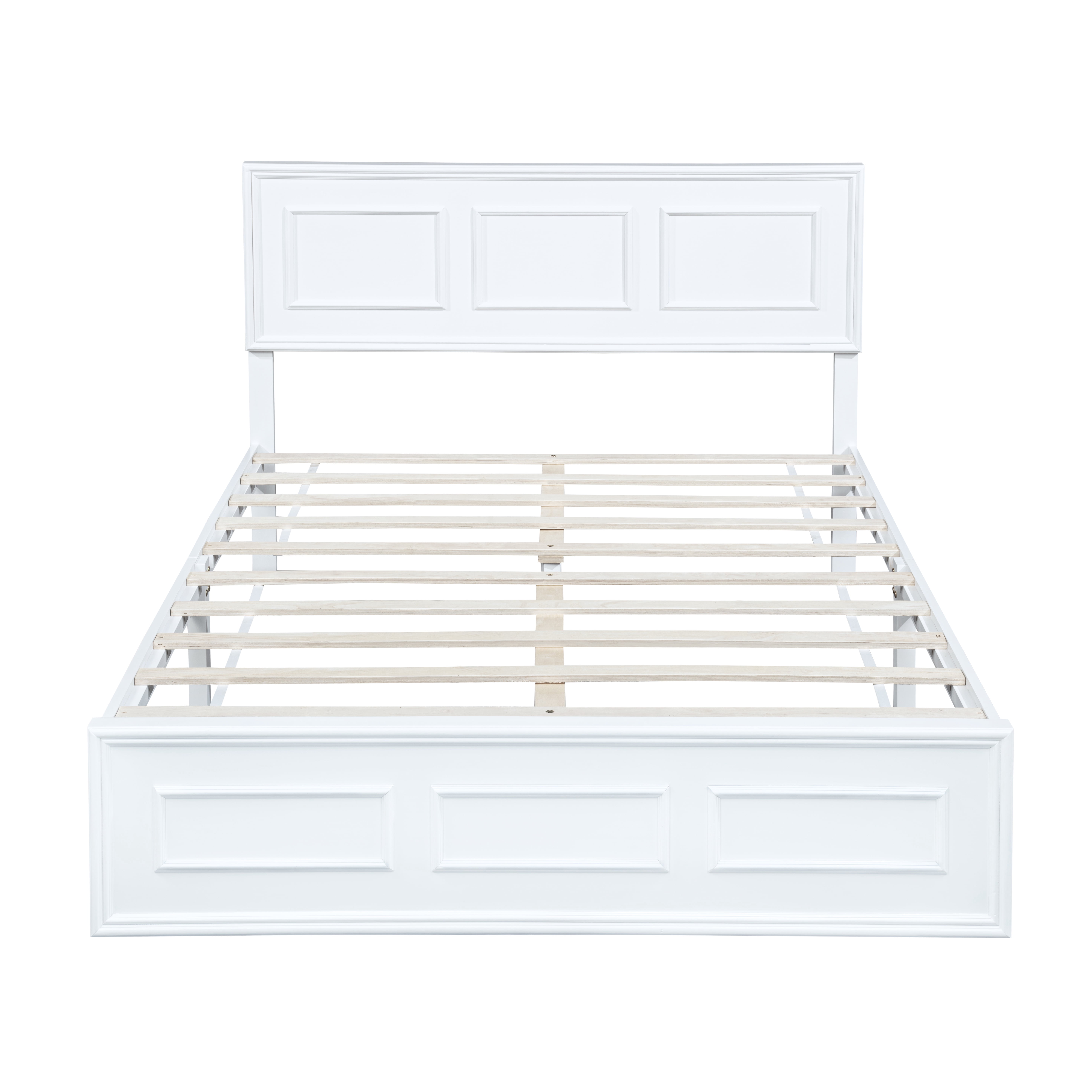 Queen Bed Frame with Adjustable Height Headboard and Geometric Panel Design, Wood Platform Bed and Mattress Foundation with Strengthened Frame, White