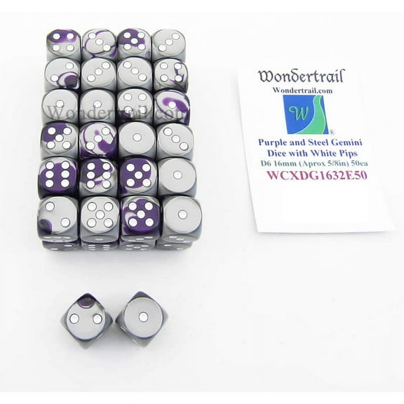 Purple and Steel Gemini Dice with White Pips D6 16mm (5/8in) Bulk Pack of 50 Wondertrail