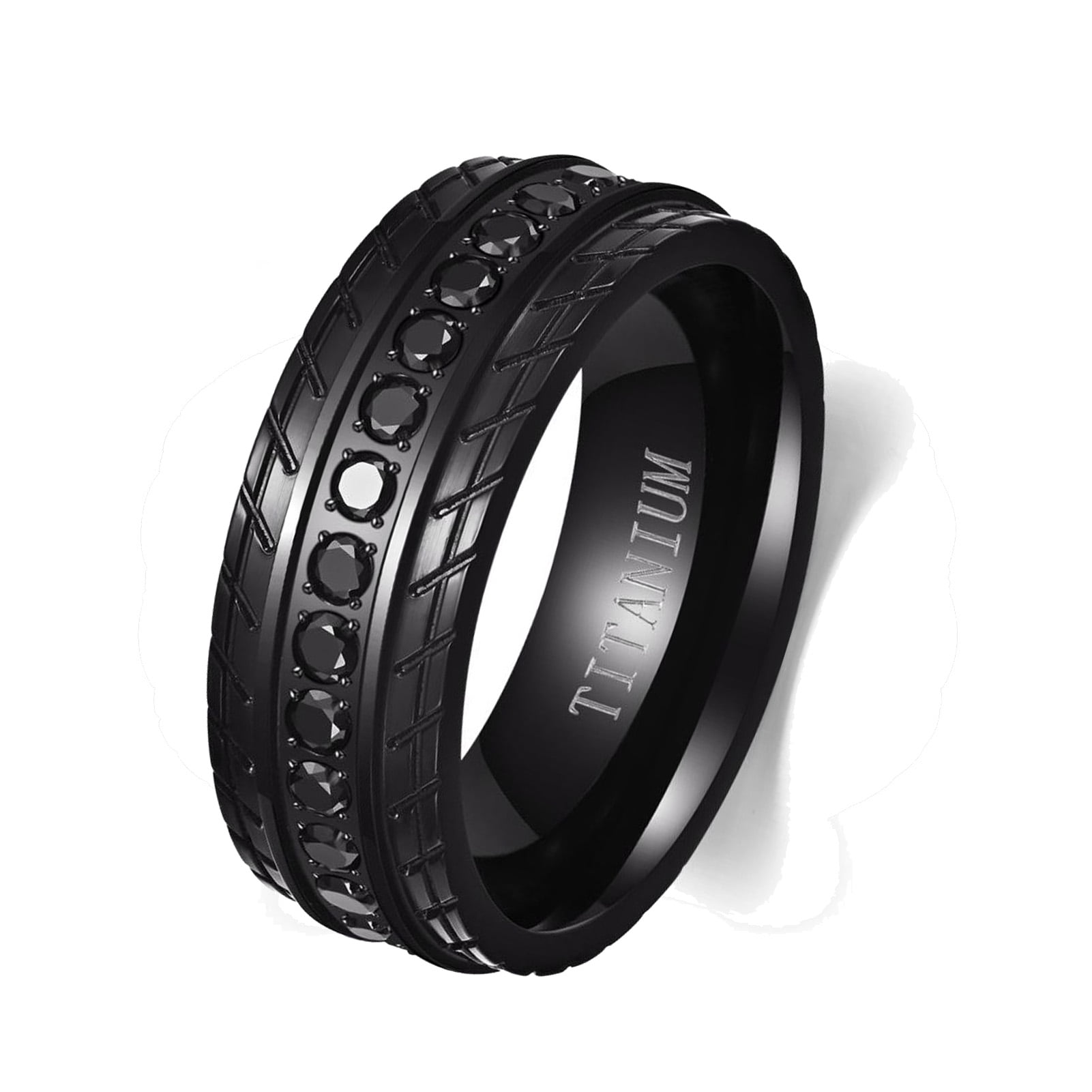 Men's Black Titanium AAA Cubic Zirconia Wedding Band Ring - Sizes 9 To 13