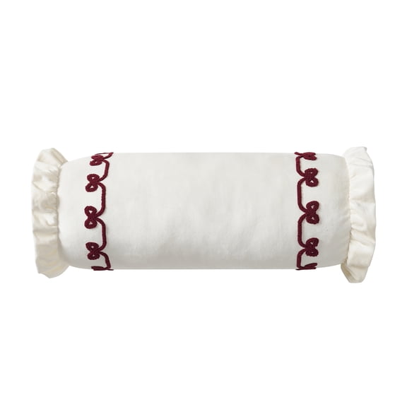 My Texas House 8" x 22" Ivory Velvet Ruffle Bolster Decorative Pillow