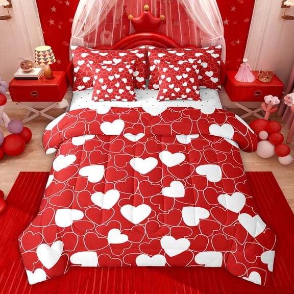 Feelyou Cute Love Heart Twin Bedding Sets 7-Piece for Teen, Romantic Cartoon Bedding Comforter Set, Red White Graffiti Lines Reversible Sheet Sets, Breathable Home Decor