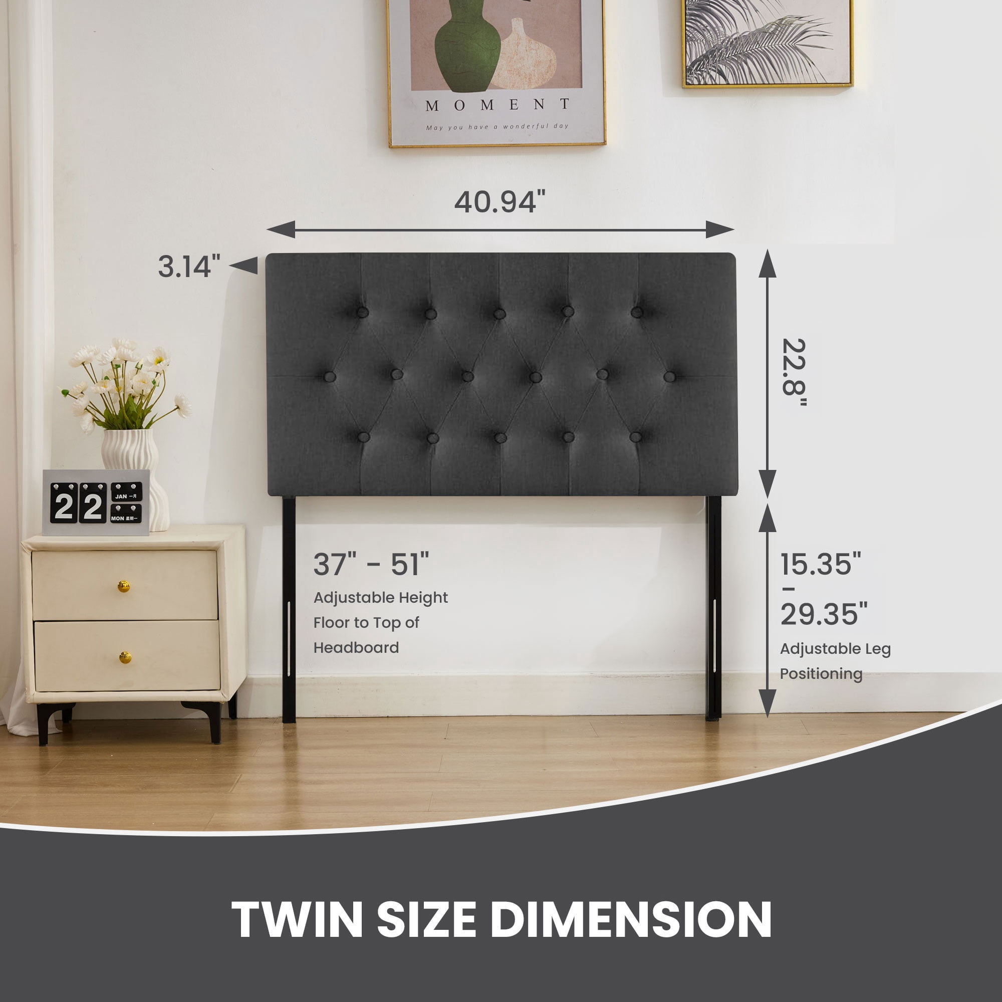 JONPONY Tufted Upholstered Headboard Twin Size, Solid Wood Head Board with  Adjustable Height  Headboard from 37" to 51",Bed Frame Adapters,Black,Headboard Only