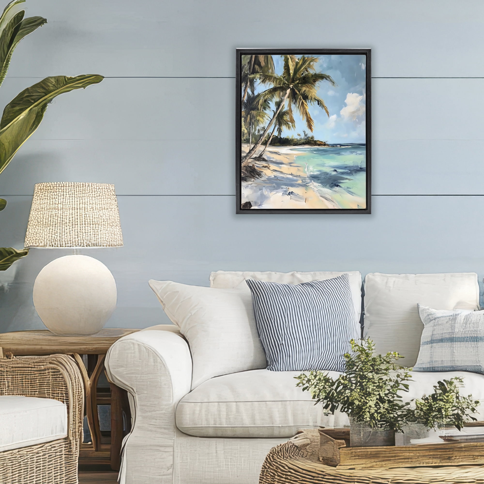 Stupell Industries Tropical Coastline Palm Frond Shadows Black Framed Floater Canvas Wall Art, design by Franklyn Gregory