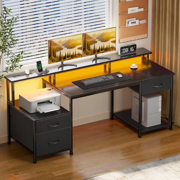 Satifur 55 Inch Computer Desk with Power Outlet (3 AC 1 USB 1 Type-C), LED Lights, Monitor Stand, CPU Rack & 3 Drawers, Black