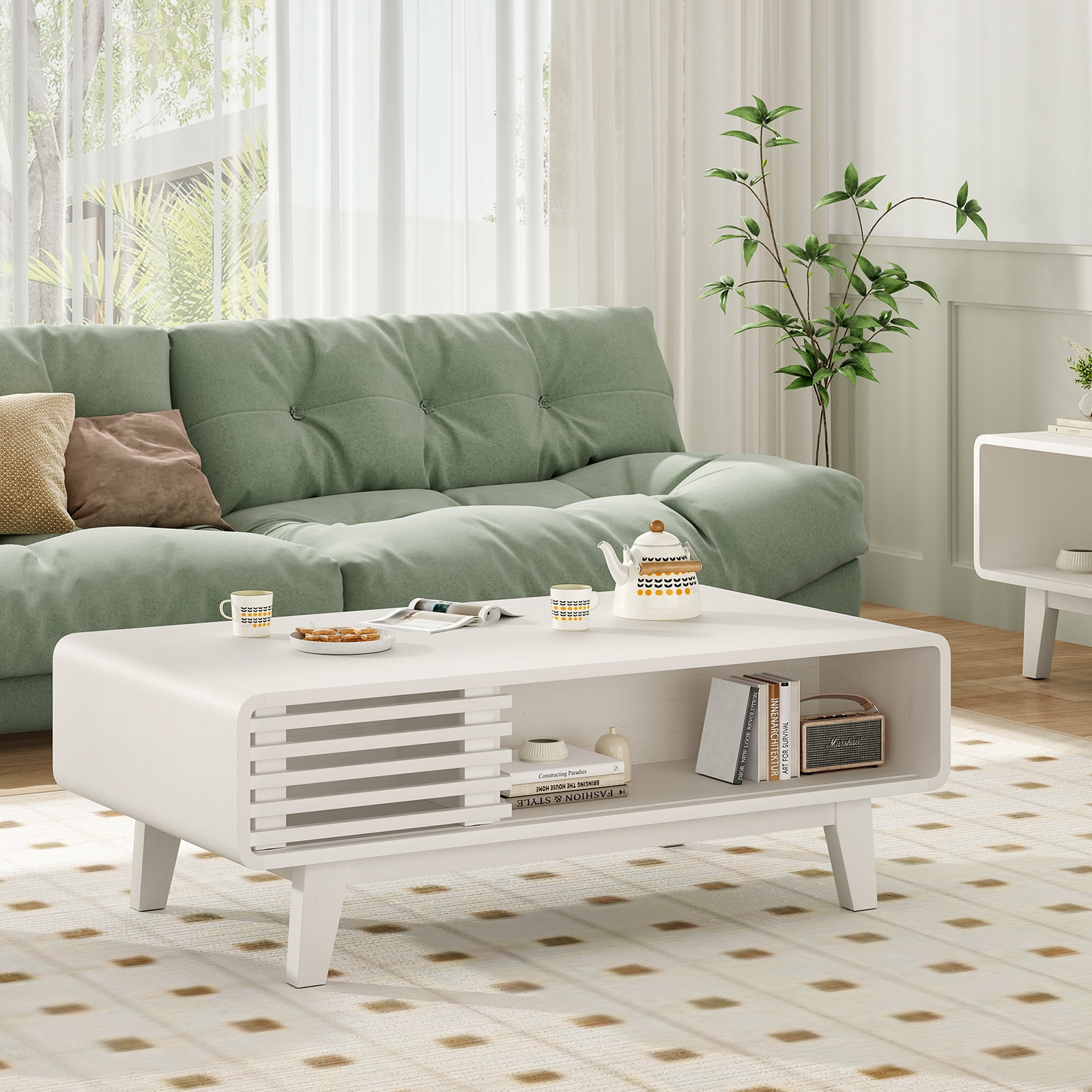 TrumanPick Mid Century Farmhouse Wood Coffee Table with Storage, for Living Room