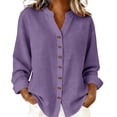 thumbnail image 2 of Outfmvch Womens Button Up Shirts Linen Tops for Women Loose Gauze Tunics V Neck Tops Outfits V Neck Casual Cotton Linen Roll Up Short Sleeve Summer Collar Purple 3XL, 2 of 5