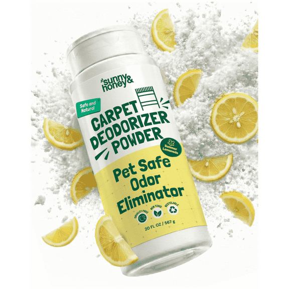Sunny & Honey Carpet Deodorizer Powder - Pet Safe Freshener for Carpets, Pet Beds and Car Seats - Lemon Odor Eliminator for Cat Urine and Wet Dog Smells (20 oz)