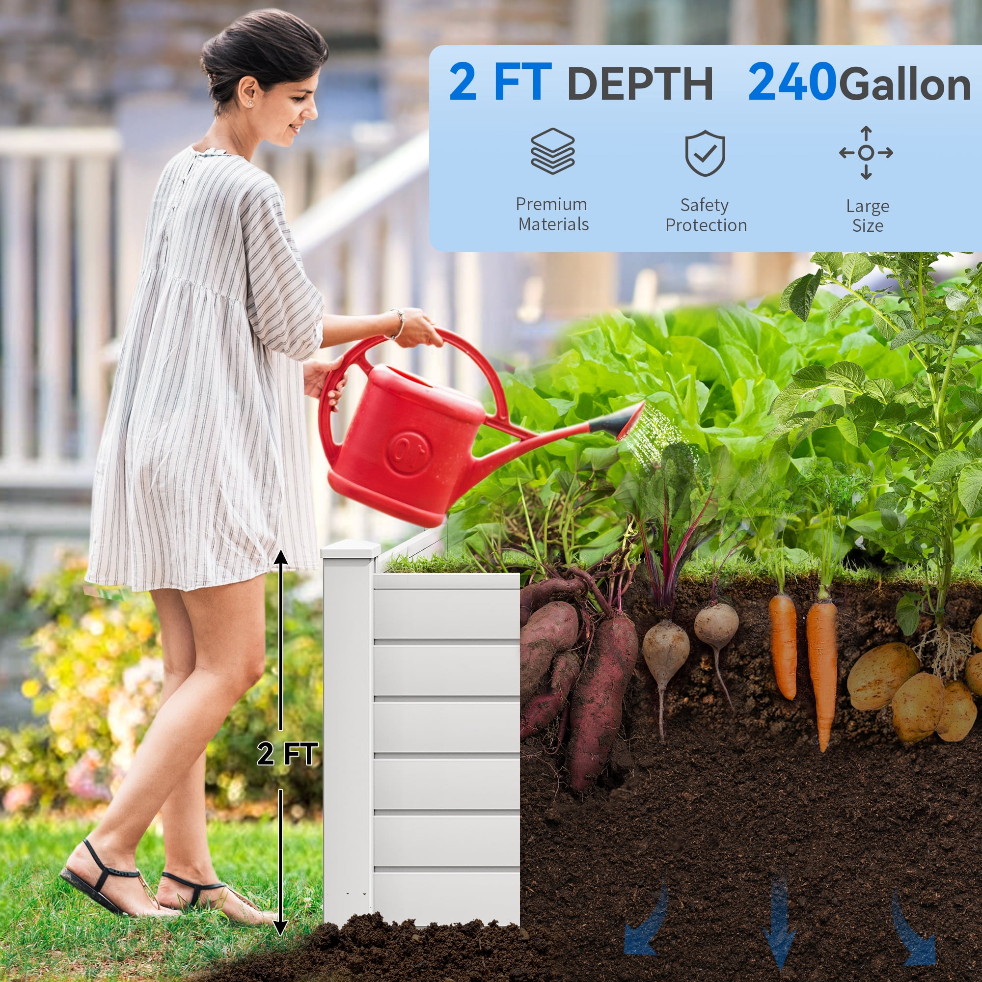 Dextrus 4x4x2ft Plastic Raised Garden Bed with Growth Grid, Large Resin Vinyl Above Ground Planter Box, Ideal for Plants, Vegetables, Flowers, White