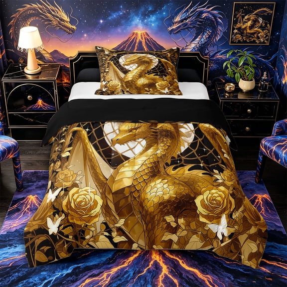 Metsweet Golden Dragon Twin Comforter Sets 2pcs, Gothic Rose Moon Bedding Set, Black Gold White,Black Reversible,1 Comforter and 1 Pillowcase