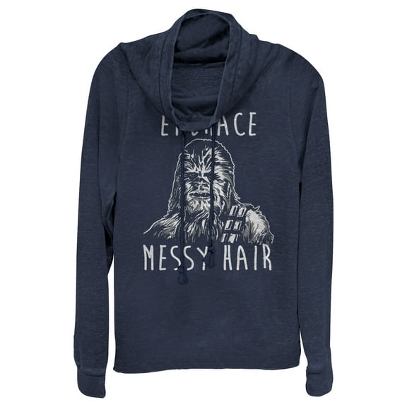 Junior's Star Wars Chewbacca Embrace Messy Hair  Cowl Neck Sweatshirt Navy Blue Medium