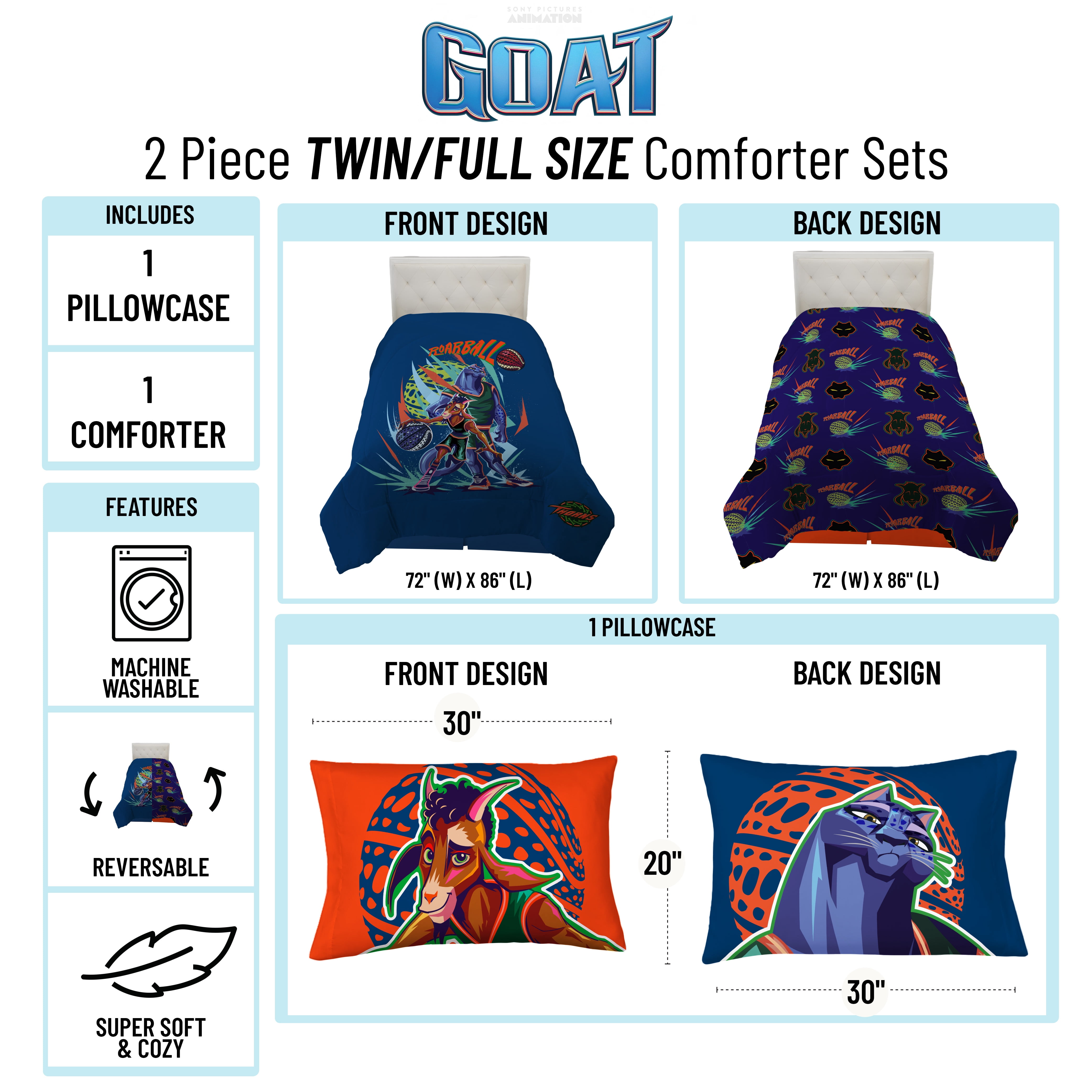 GOAT 2 Piece Twin/Full Kids Reversible Comforter and Pillowcase Bedding Set, Multicolor,Twin/Full