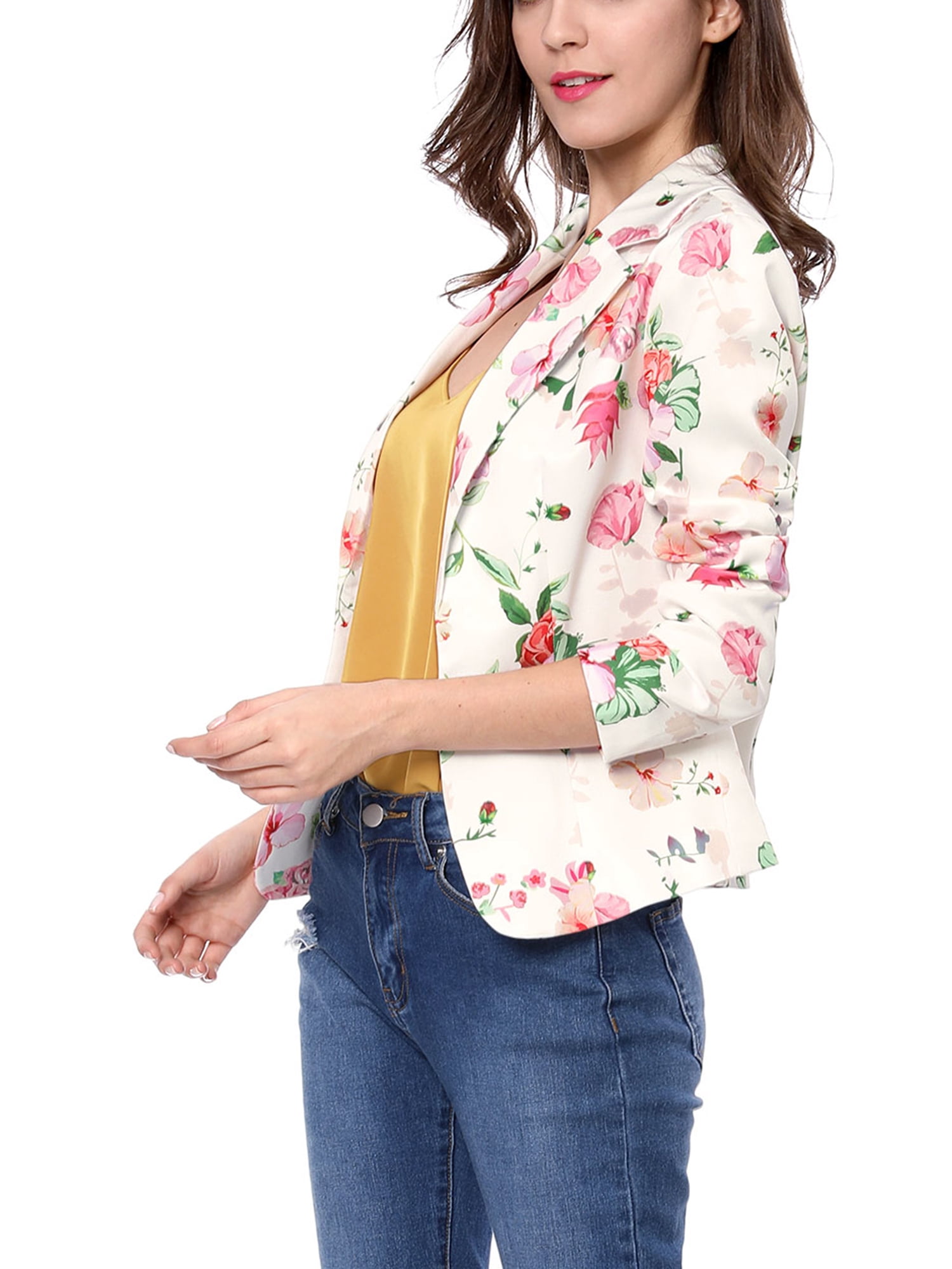 DARING DIVA Women's Elegant Notched Lapel Floral Print Blazer L White-Floral