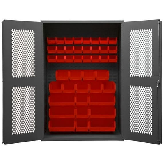 14 Gauge Flush Door Style Lockable Clearview Cabinet with 42 Red Hook on Bins, Gray - 48 x 18 x 72 in.