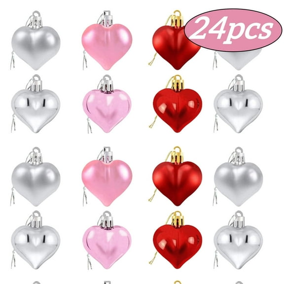 Valentine's Day Heart Ornaments Decoration Heart Shaped Baubles for Valentine's Day Party Supplies Pink Red Silver 24Pcs