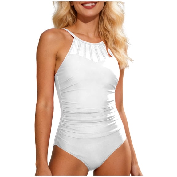 GUACER Women's Crew Neck Ruched One Piece Swimsuit Tummy Control Bathing Suit with Adjustable Straps Backless Pleated Swimwear