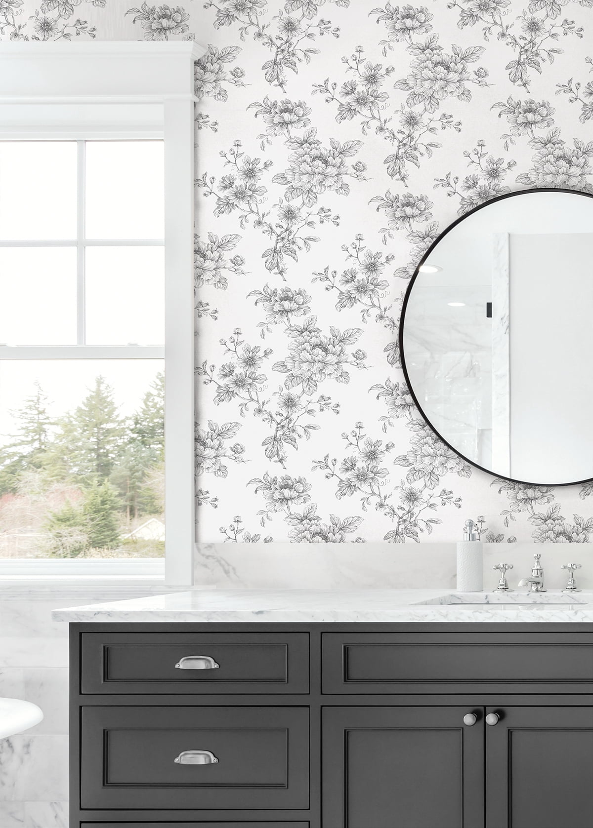 NextWall Grey Sketched Floral Peel and Stick Wallpaper