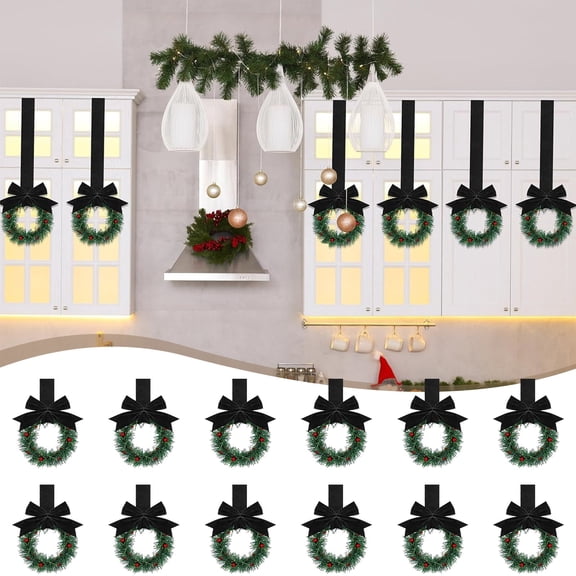 12Pcs Mini Christmas Wreaths, 5.1 Inch Small Artificial Wreath Ornaments for Cabinet Door Handles, Farmhouse Greenery Mini Wreath Decor for Holiday Home Kitchen Shelf Decoration