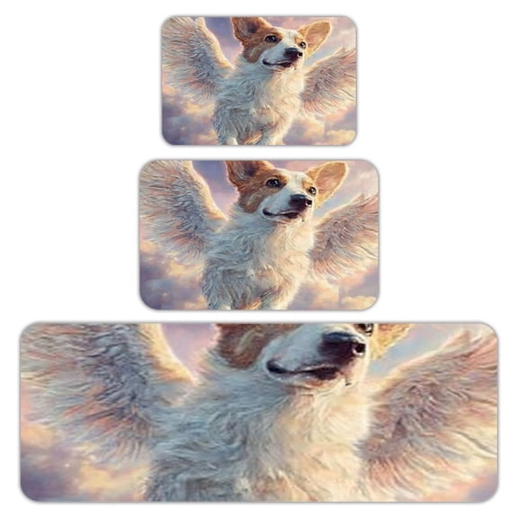 RKSupls Kitchen Rug Set 3 Piece Anti-Slip Flannel Floor Mats, Flying Corgi Clouds Washable Absorbent Runner Mats for Kitchen Bathroom Home Decor