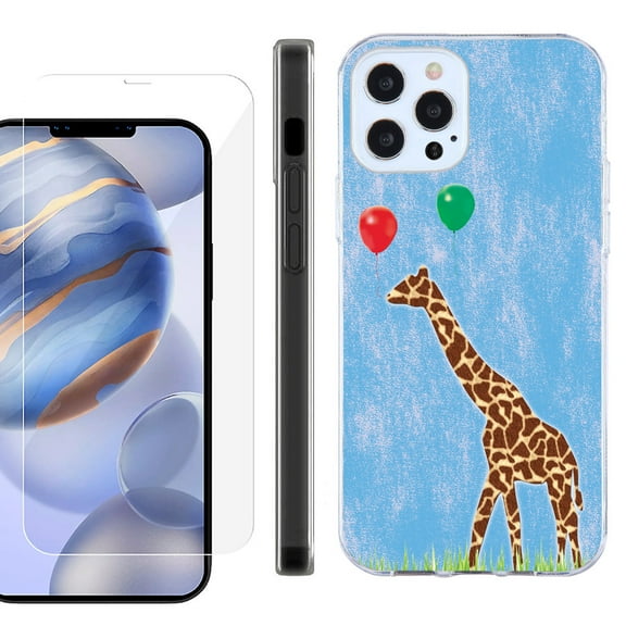 Slim Fit Protective Phone Case for Apple iPhone 12 / iPhone 12 Pro, with Tempered Glass Screen Protector, by OneToughShield ® - Giraffe/Balloon