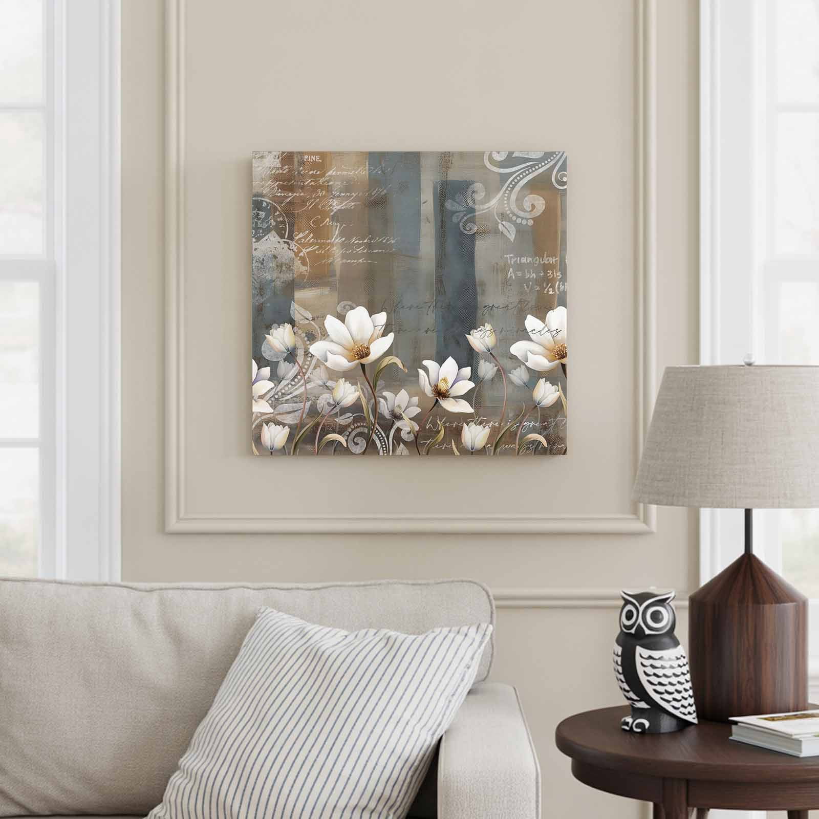 Abstract Retro Flowers Framed Canvas Wall Art, Art White Floral Blue Brown Mottled Wall Art Painting for Living Room Bedroom Home Decor, 16”x16”, Office Artwork Print