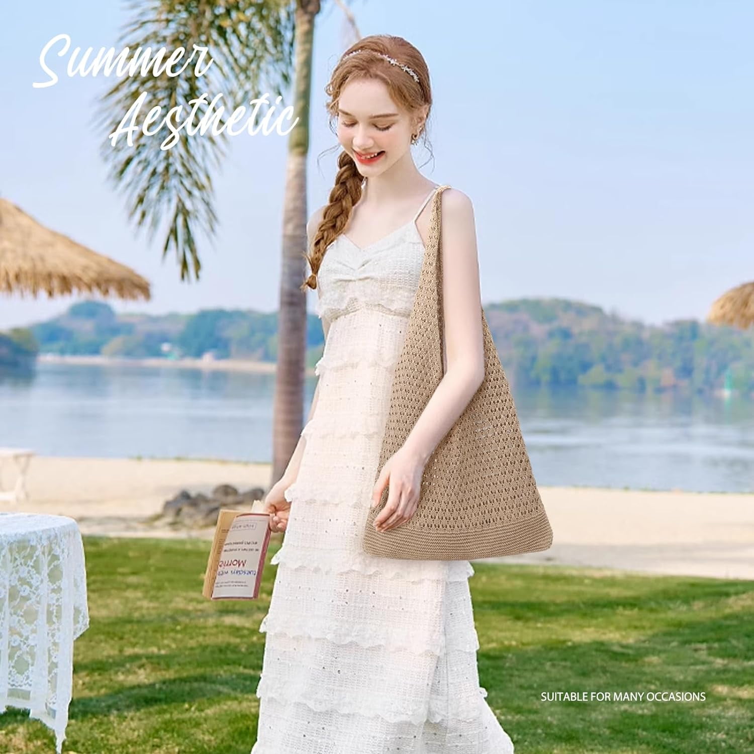 Gocvo Crochet Bag for Women, Summer Crochet Handbags Boho Bag(Khaki 14 x 10 x 26.5in )