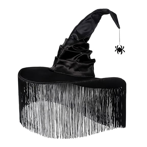 Women Halloween Witch Hat with Dangle Fringe Tassel Black Pointed Wide Brim Costume Accessory for Adults Party Cosplay Decoration Black