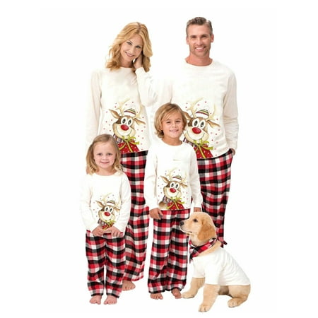 

wybzd Family Christmas Matching Outfits Long Sleeve Elk Cartoon Print T-Shirt Casual Plaid Pant Set Loungewear