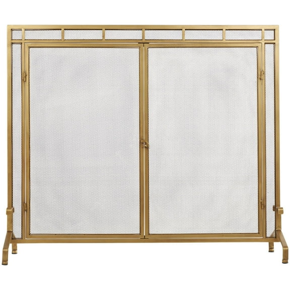 DecMode 39" x 34" Gold Metal Geometric Single Panel Fireplace Screen with Latched Doors and Arched feet