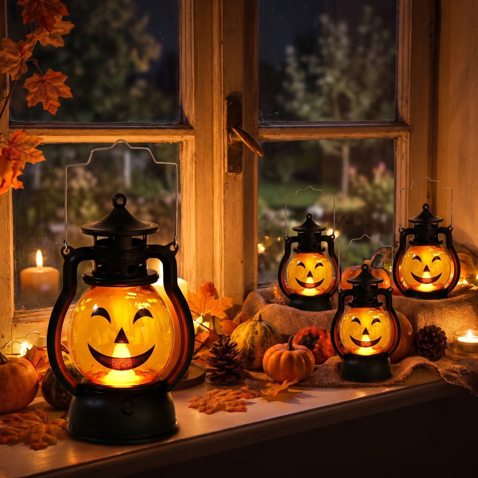 Halloween Night Light with Portable Handle - Plastic Decorative Accent with Metal Details Cozy Soft Glow for Bedroom Living Room Entryway Indoors or Covered Outdoor Spaces Holiday Party Decor