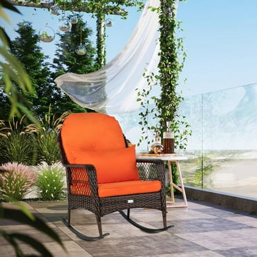 Zimtown Outdoor Wicker Rocking Chair Rattan Outdoor Patio Yard Furniture, Outdoor Rocking Chair w/ Thick Cushion, Wicker Rocker, Orange