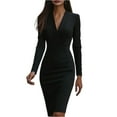 thumbnail image 2 of Women's Work Dress Office Dress Long Sleeve V-Neck Solid Color Waist Defining Fitted Midi Dress for Commuting Spring Fall,Black,L, 2 of 5
