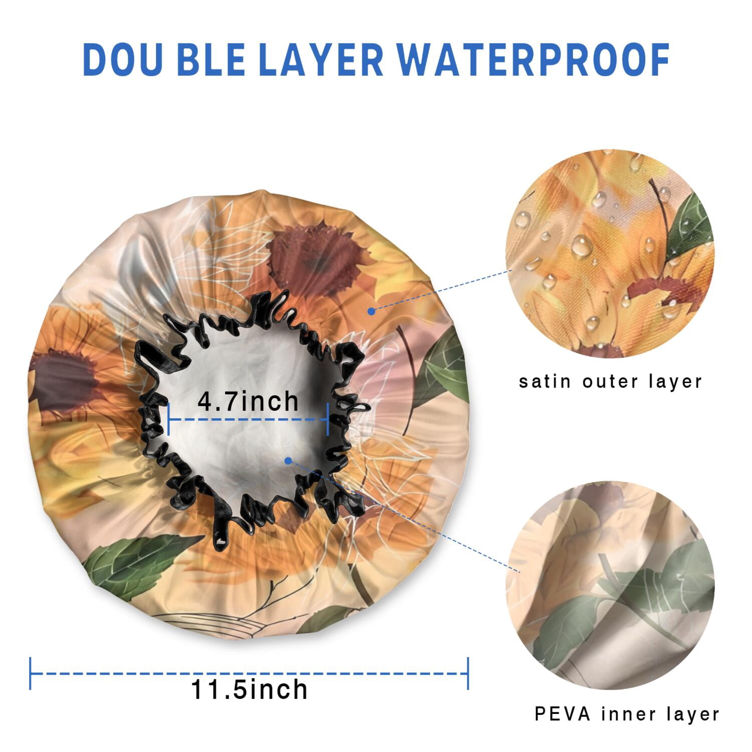 Shower Caps,Yellow Green Leaf Sunflower Pattern Waterproof Shower Cap for Women 4 Pieces,Double Reusable Hair Cover for Shower PEVA Elastic Stretch Hem