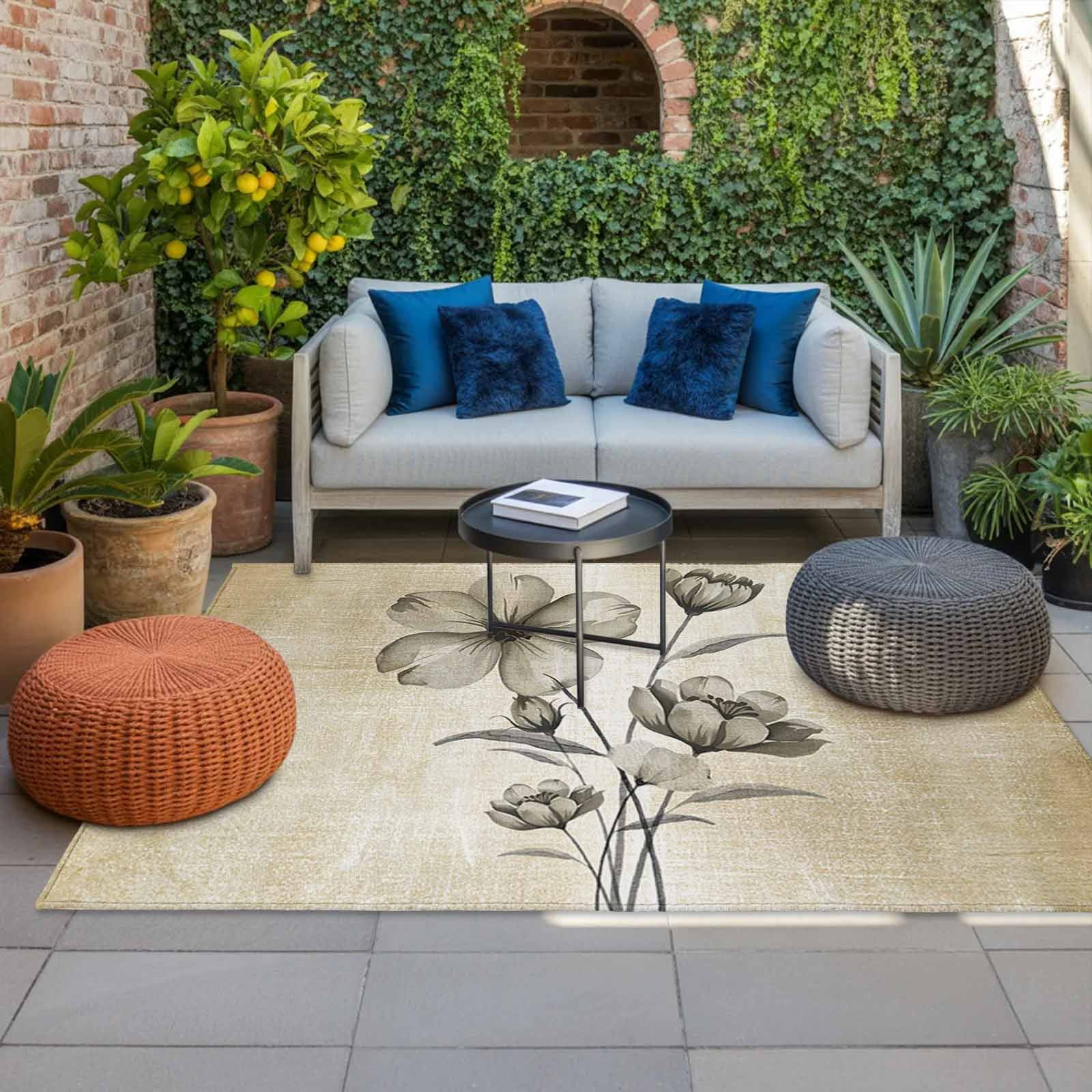 Yellow Beige Flower Outdoor Rug for Patio/Deck/Porch, Non-Slip Large Area Rug 5 x 7 Ft, Farmhouse Shabby Chic Wildflower Indoor Outdoor Rugs Washable Area Rugs, Reversible Camping Rug Carpet Runner