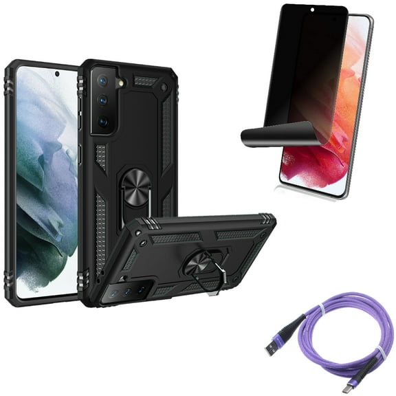 Privacy Screen Protector & Hybrid Case Cover & 10ft USB Cable for Samsung Galaxy S22 (6.1") - TPU Film Fingerprint Works & Metal Ring Kickstand & Purple Type-C Accessory Bundle