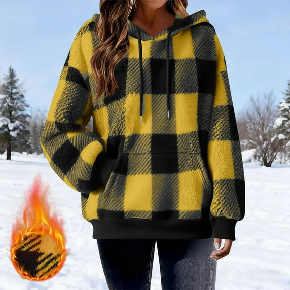 Neewe Women's Plaid Sherpa Pullover Winter Jacket Women Long Sleeve Sweatshirt Cozy Hoodies S-XXL