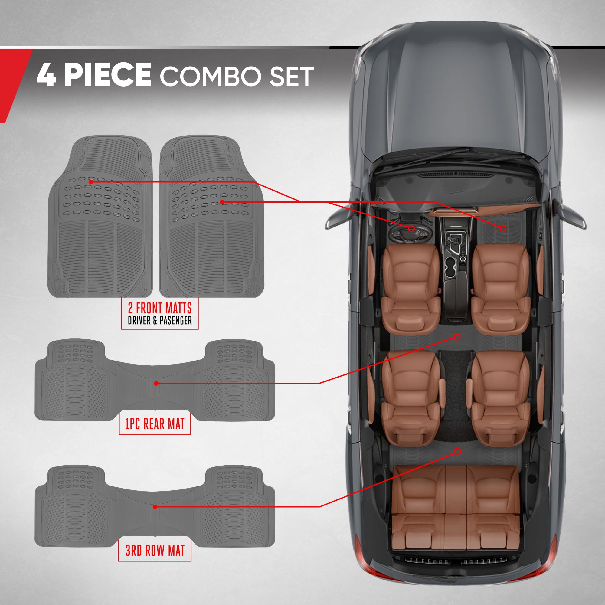 BDK Car SUV and Van Floor Rubber Mats 3 Row, Heavy Duty All Weather Protection, 3 Colors