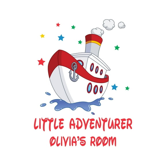 Personalized Name Sports Wall Decal Big Cartoon Steamship Oozing Smoke Custom Name Bedroom Wall Decal for boys and girls Ship Little Adventurer Themed Kids Room Décor - Size: 16 In x 20 In