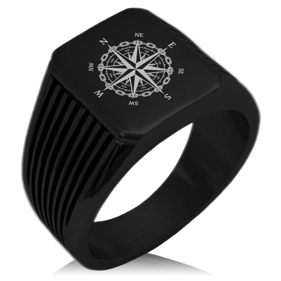 Stainless Steel Nautical Chaim Compass Needle Stripe Pattern Biker Style Polished Ring