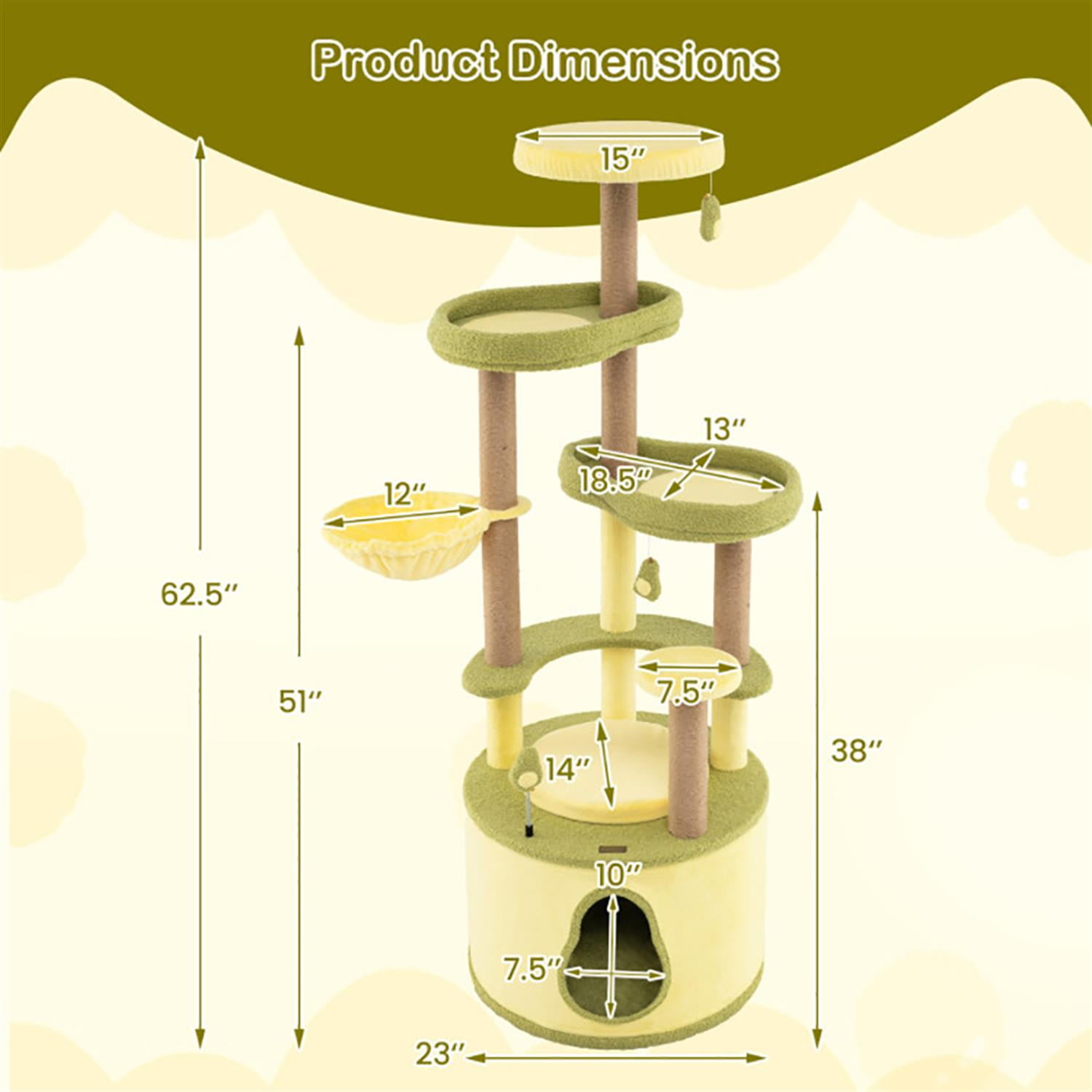 Kadyn 62" Cat Tree Tower with Private Condo for Indoor Cats, Multifunctional Plush Cat House with Scratching Posts and Padded Top Perch, Green
