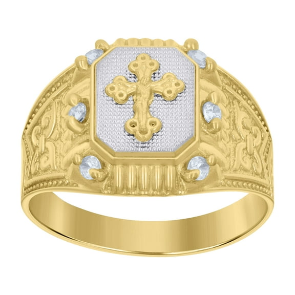 10kt 10k Two-tone Gold Mens Cubic-Zirconia Crucifix Cross Religious Ring
