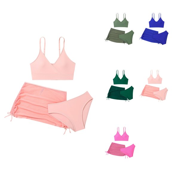 Girls' 3-Piece High-Waisted Spaghetti Strap Bikini Set with Ruched Cover-Up Beach Skirt
