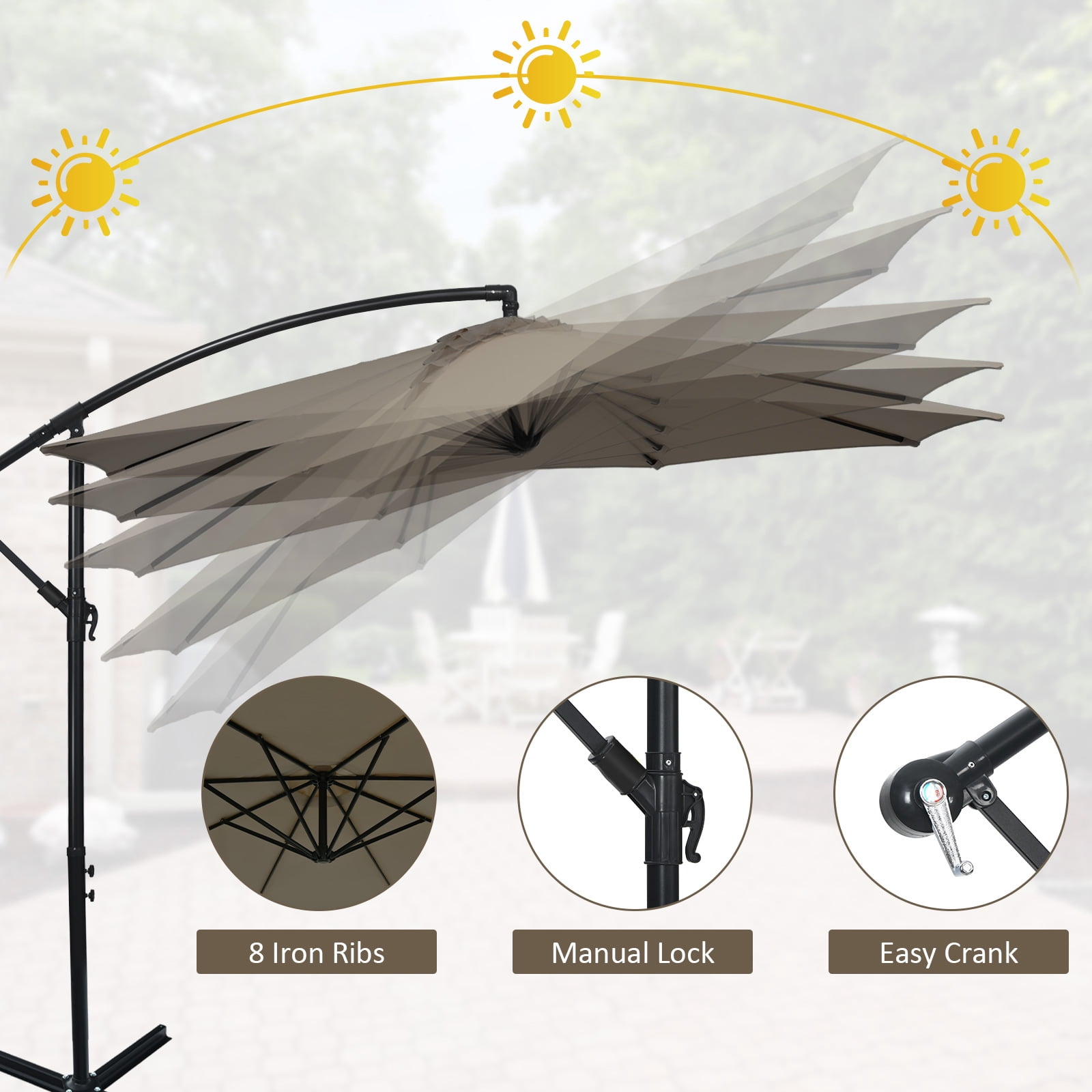 Patiojoy 10FT Patio Offset Umbrella 8 Ribs Cantilever Umbrella w/Crank for Poolside Yard Lawn Garden Coffee
