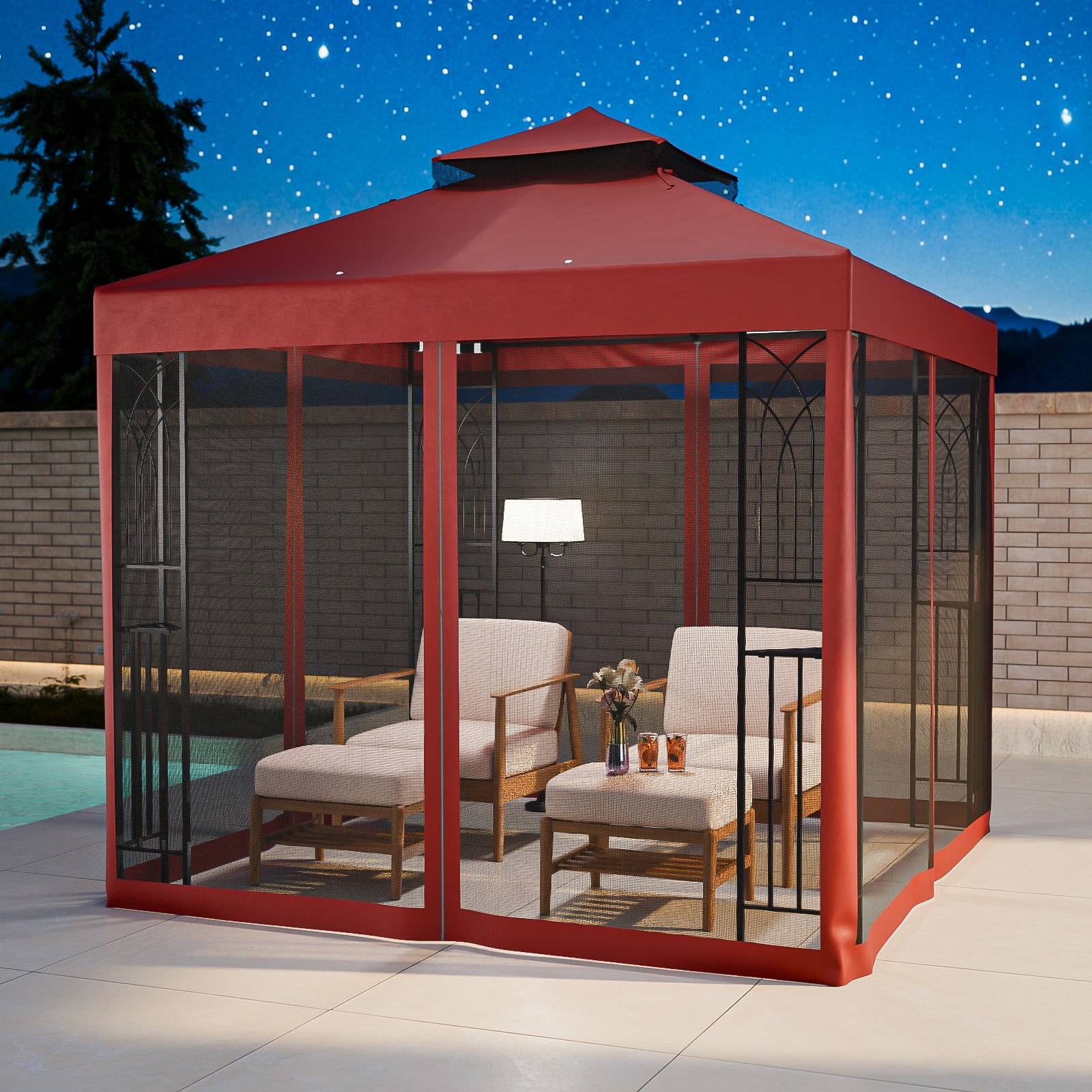 COOS BAY 8 ft. W x 8 ft. D Red Outdoor Patio Soft Vented Top Gazebo with Zipped Netting, Corner Shelves, Ceiling Hook