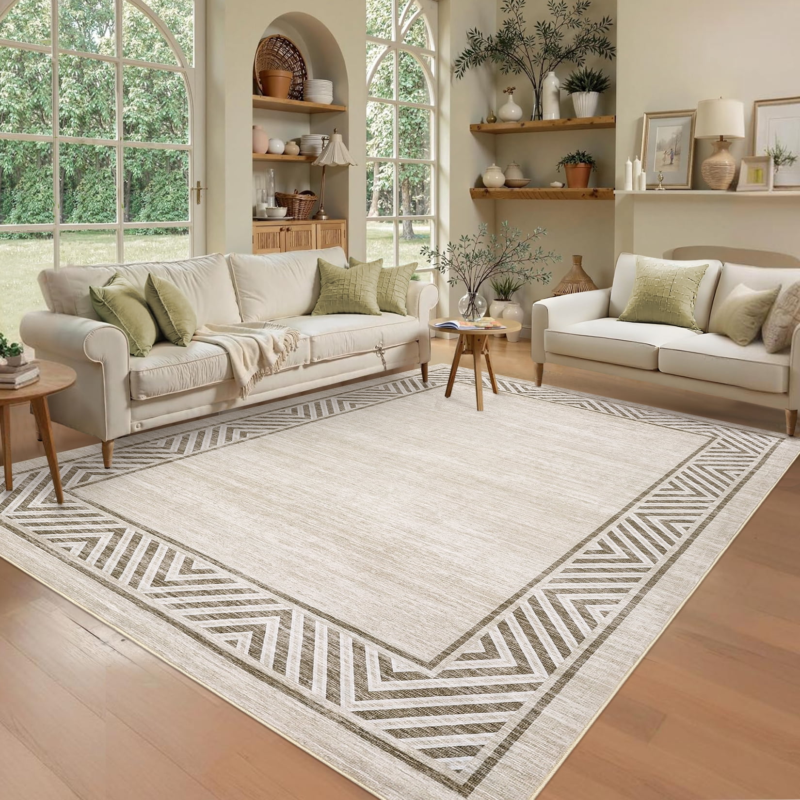 Garvee 9'x12' Geometric Bordered Area Rug Living Room Carpet, Washable Rug Non-Slip Non-Shedding Low Pile Floor Mats for Bedroom Home Office, Beige