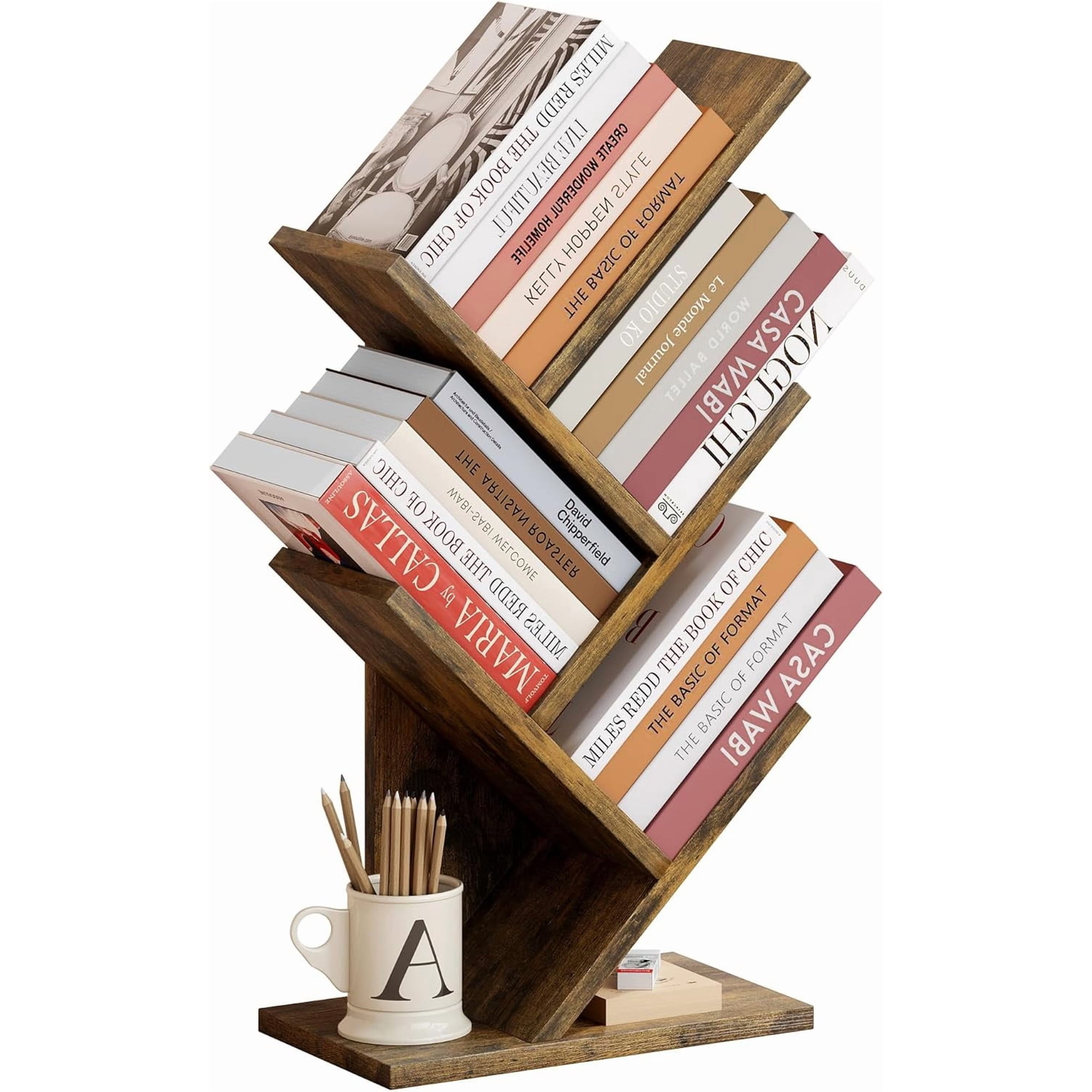 4 Tier Tree Bookshelf 4 Shelf Bookcase Modern Book Storage Free Standing Tree Bookcase Utility Organizer Shelves for Home Office Living Room Bedroom Rustic Brown